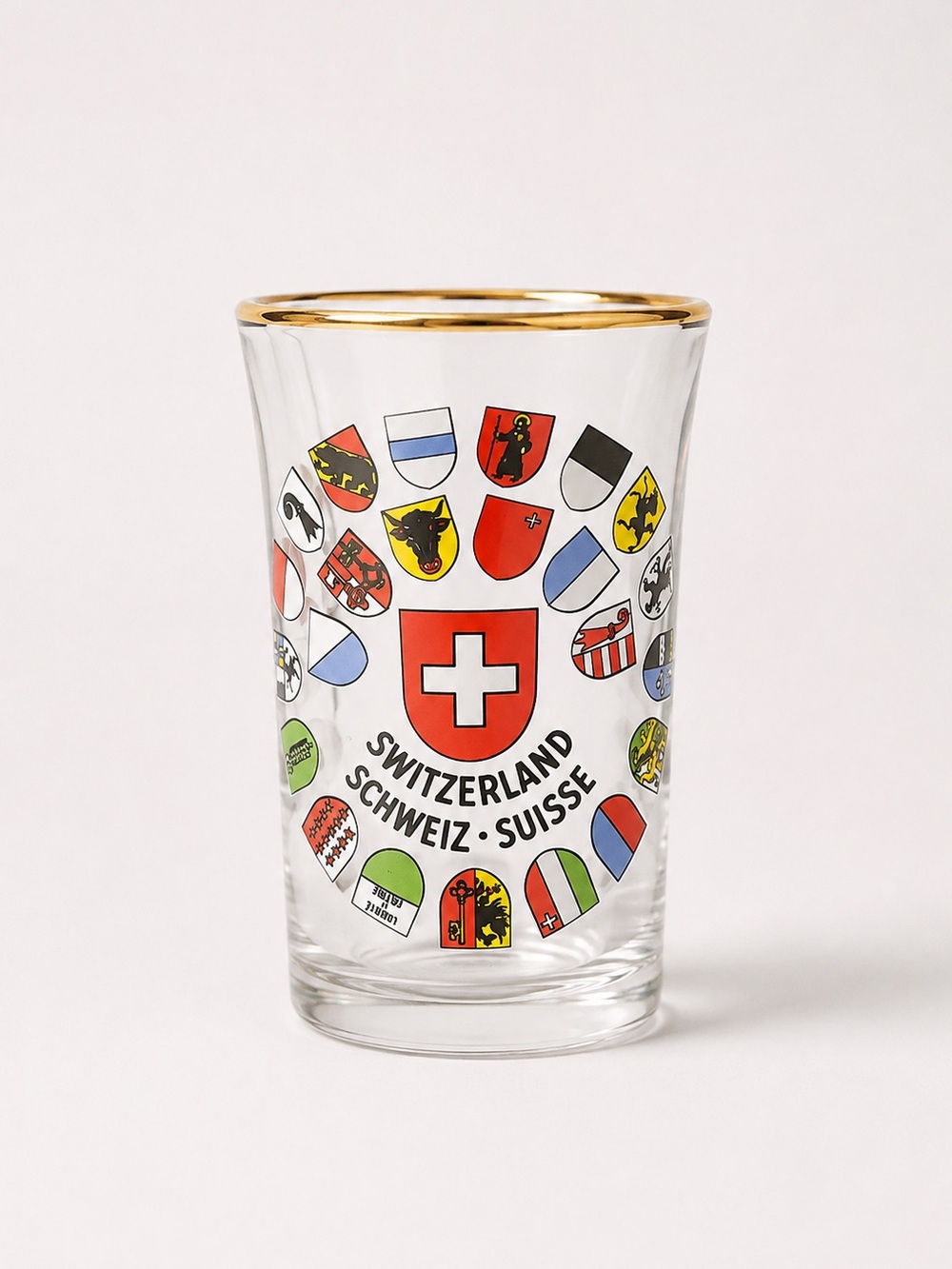 NEW Vintage Style Switzerland Provinces Flags Shot Glass Gold Tone Rim